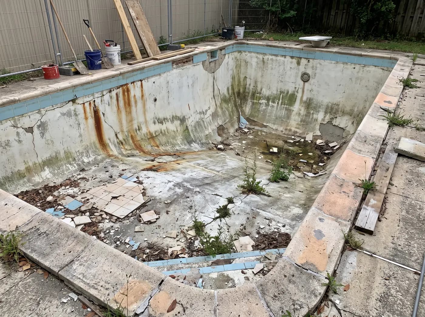 A typical renovation, before: stained plaster, cracked tiling and cloudy water.