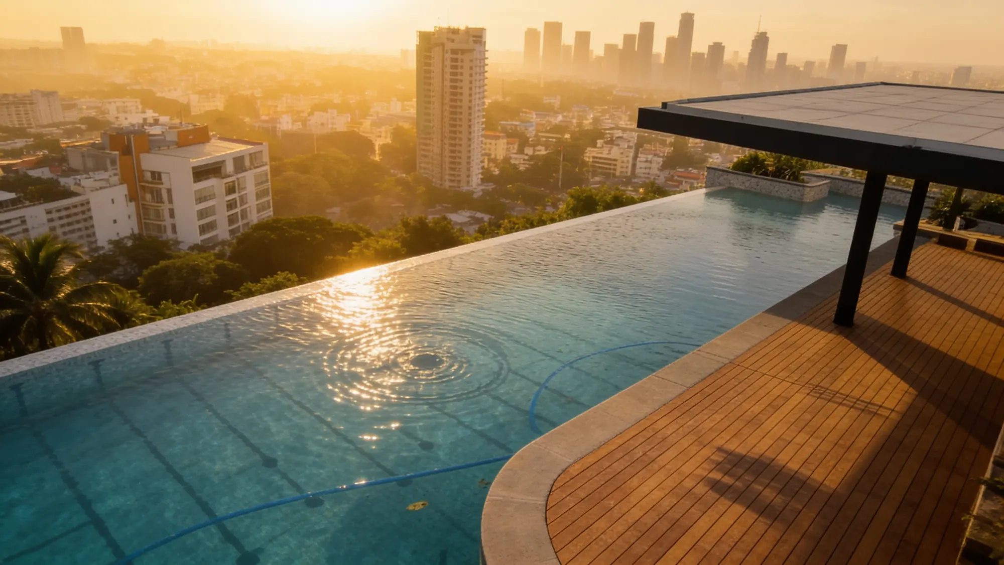 A rooftop infinity-edge pool built by Oceanides, overlooking the city skyline at golden hour.